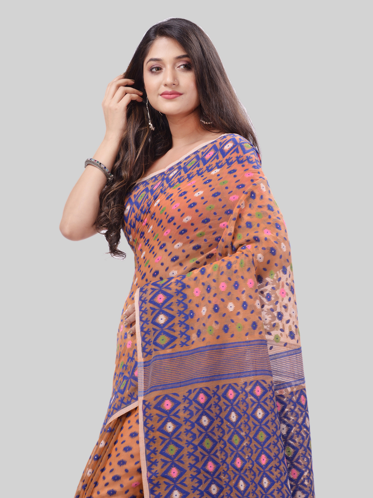 DESH BIDESH Women`s Hirokduti Resham Dhakai jamdani Bengal Pure Cotton Handloom Saree Whole Body Design without Blouse Piece (Orange Blue)